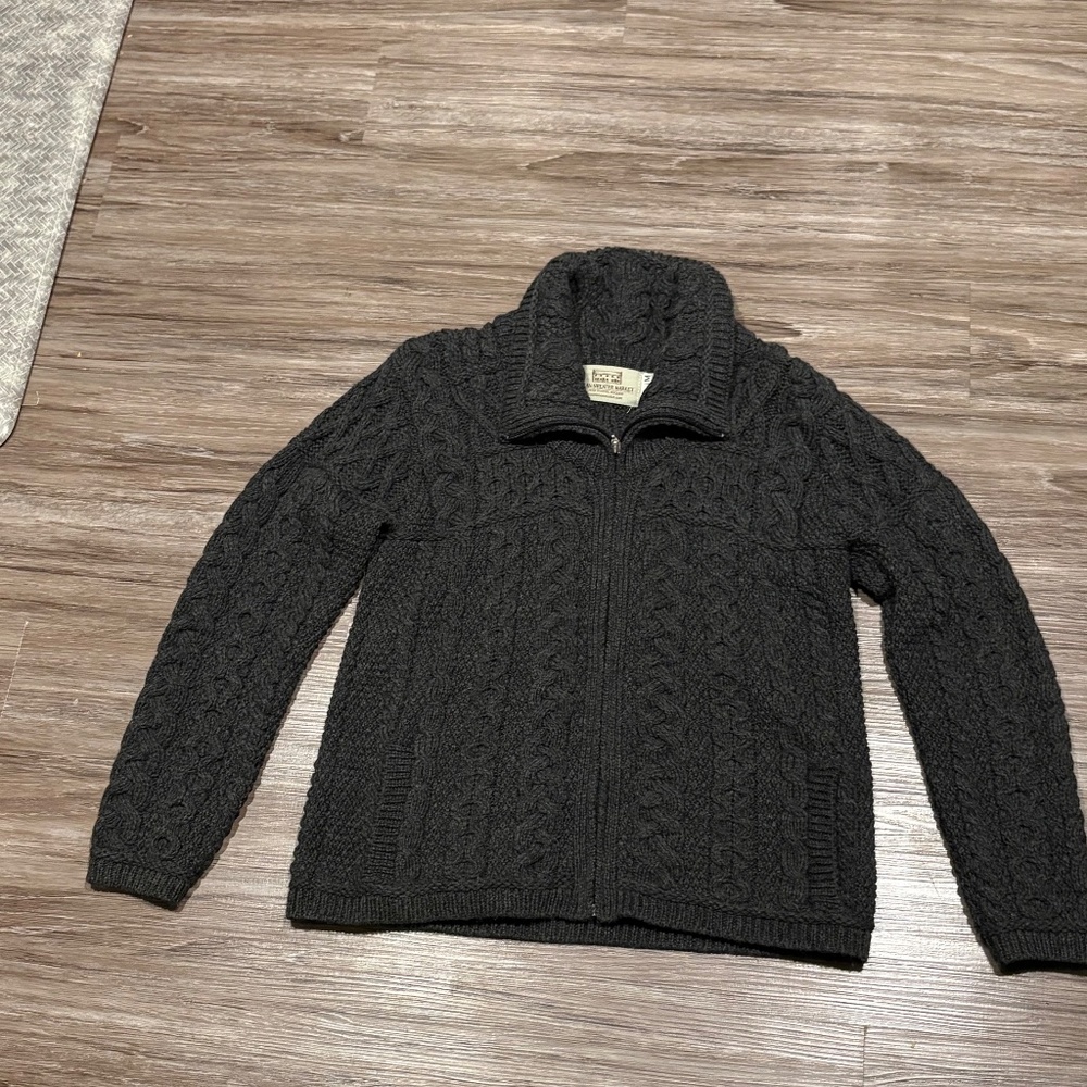 ARAN Double Collar Zip Merino Cardigan‎‎‎‎ Charcoal Gray, Sz M - Picture 5 of 10
